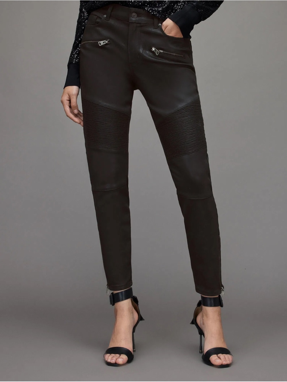 PRE-OWNED SIZE 27 All Saints Black Moto Ribbed-Knee Skinny Pants